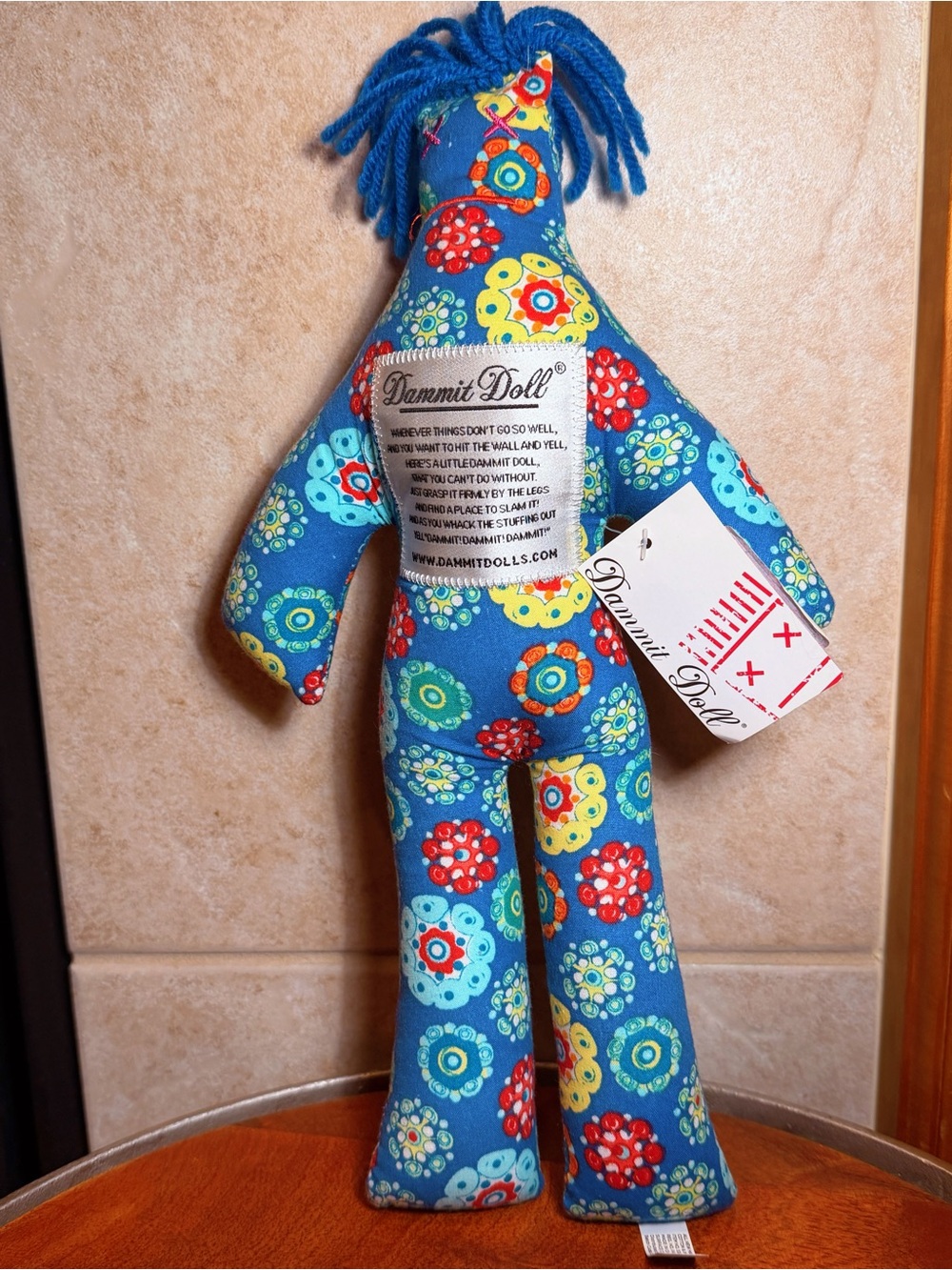 NWT Dammit Doll Blue Blue Floral Pattern Yarn Hair Fabric Doll Stress Boho